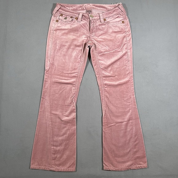 True Religion Joey Big T Velour Flare Leg Pants Sz 31x30‎ Pink Bootcut Flaps USA - Picture 1 of 12